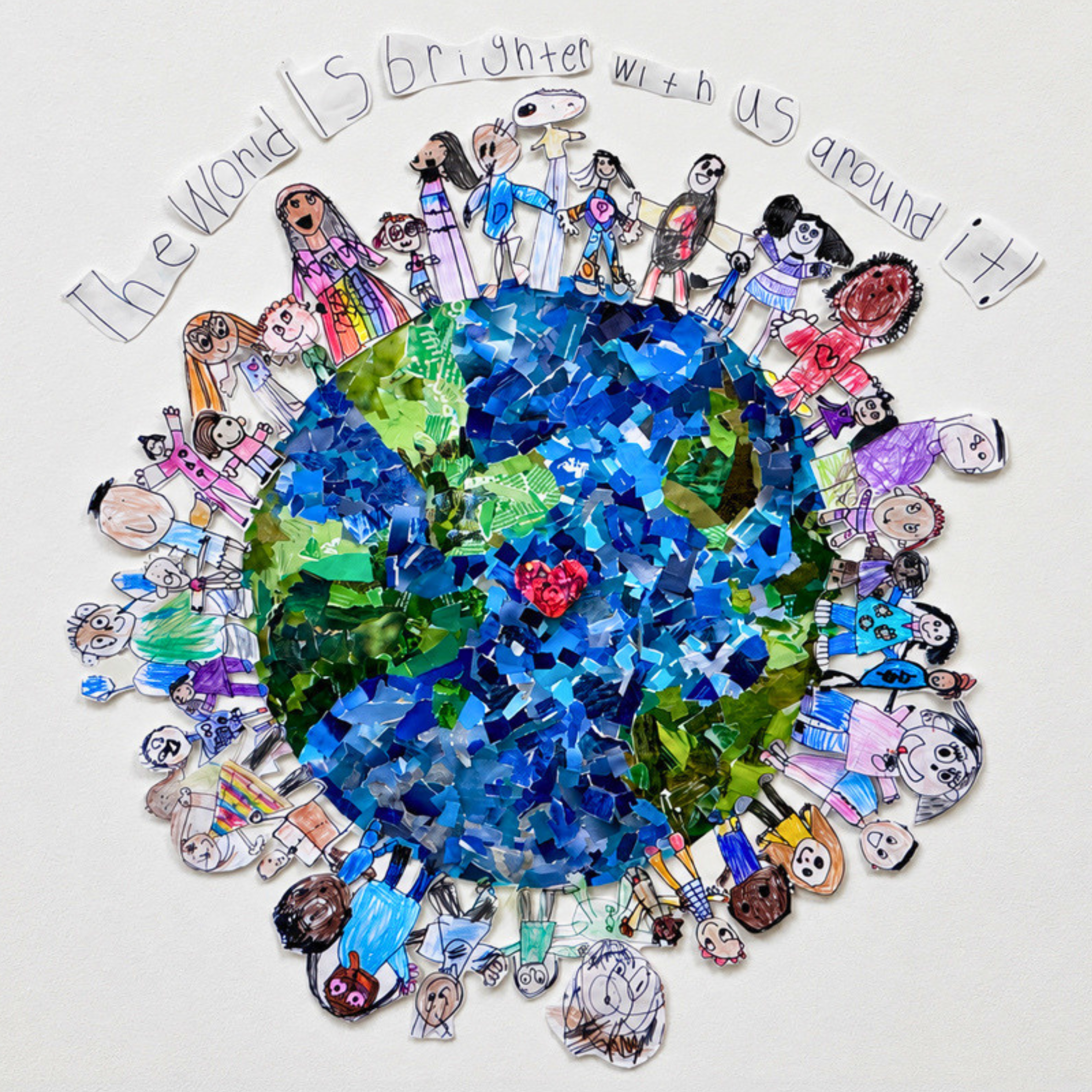 Student artwork showing a collage of the Earth. Text reads “The world is brighter with us around it!”