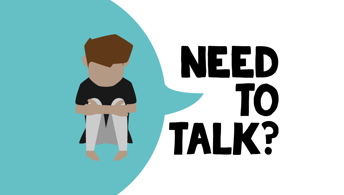 Image of child sitting with hands around their knees text says need to talk